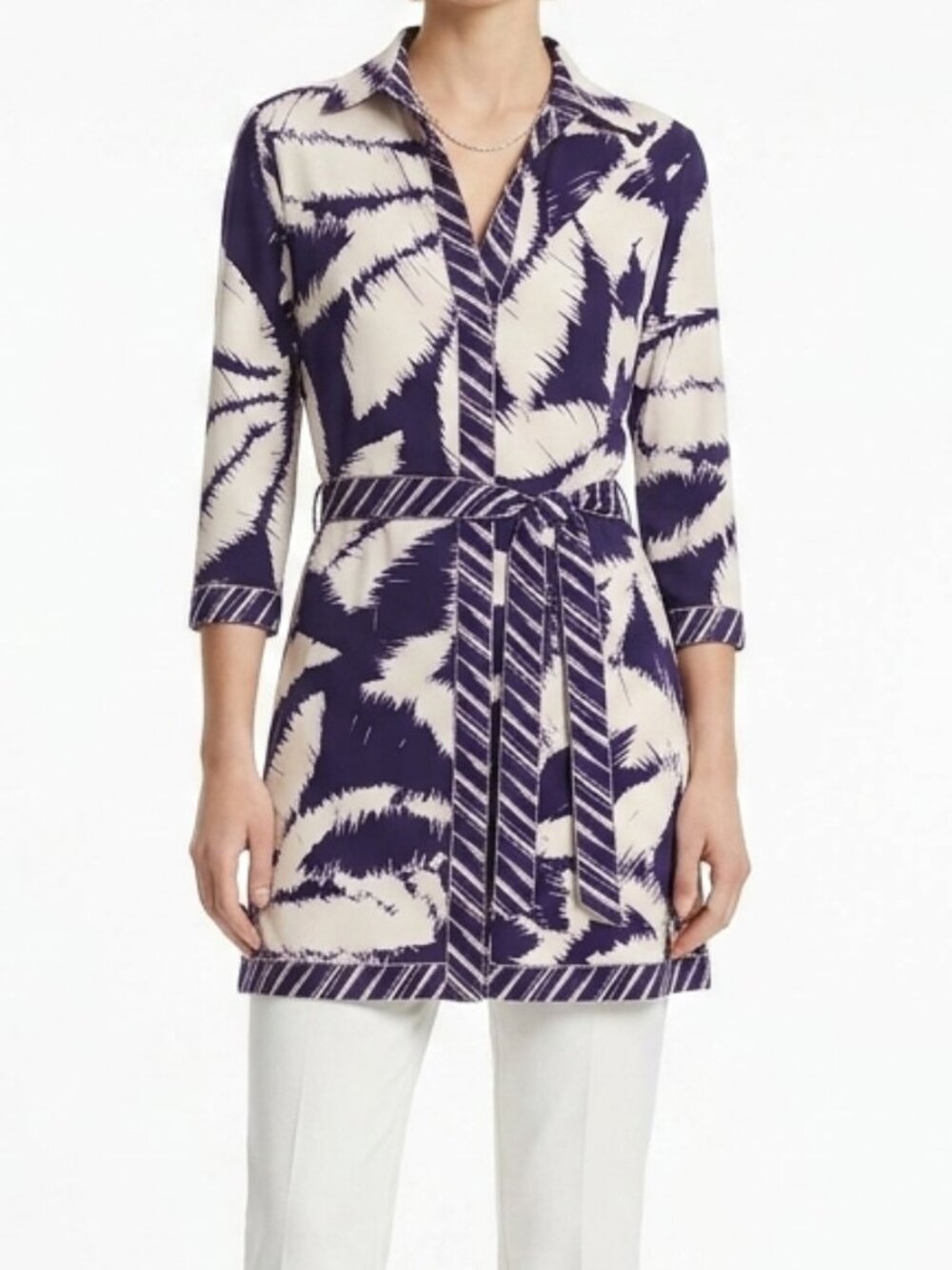 BCBG Stretch Navy/White Collared Tunic w/Belt- Sz. XS